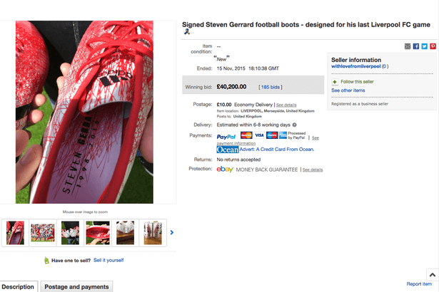 Steven Gerrard's Liverpool farewell boots sold for £40,200 on eBay, became the second most expensive soccer cleats.